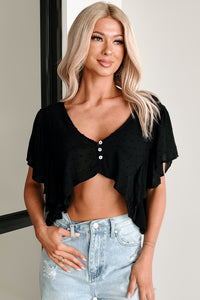 Homey Heart Ruffled V-Neck Crop Top (Black) - NanaMacs