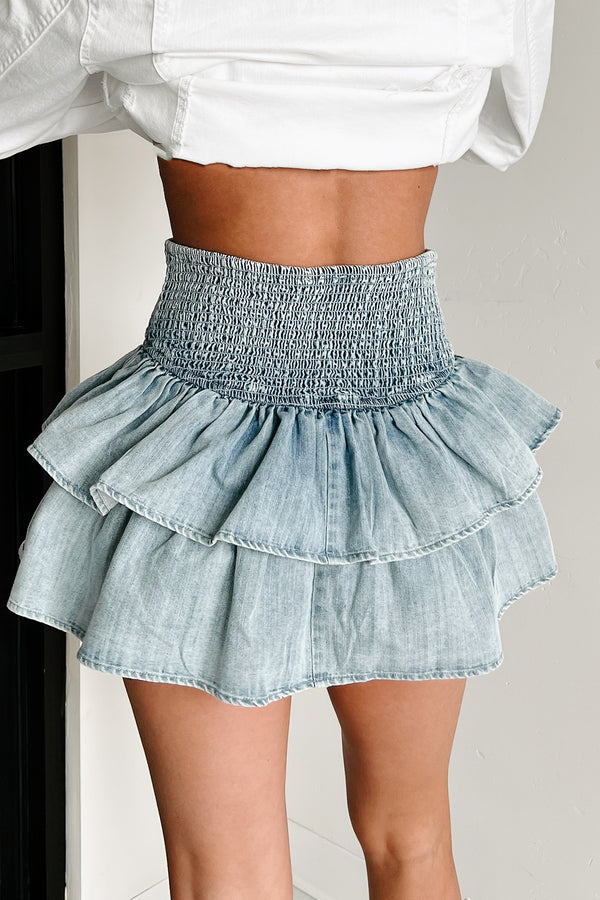 Spring Breeze Tiered Smocked Denim Mini Skirt (Light) - NanaMacs