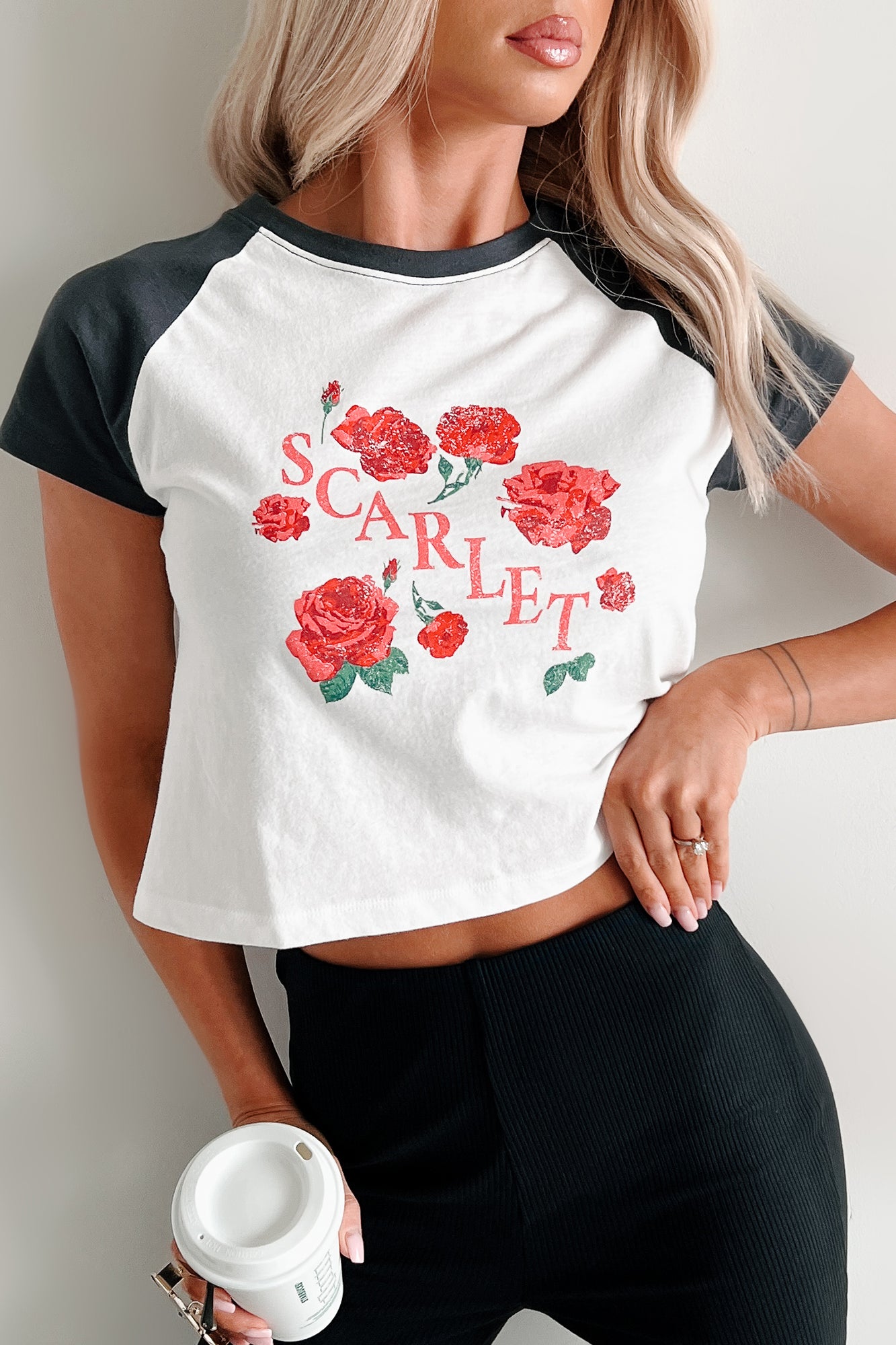 "Scarlet" Distressed Floral Graphic T-Shirt (Ivory/Charcoal) - NanaMacs