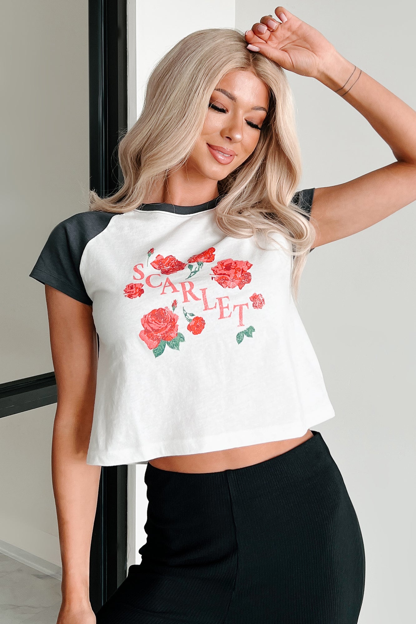 "Scarlet" Distressed Floral Graphic T-Shirt (Ivory/Charcoal) - NanaMacs