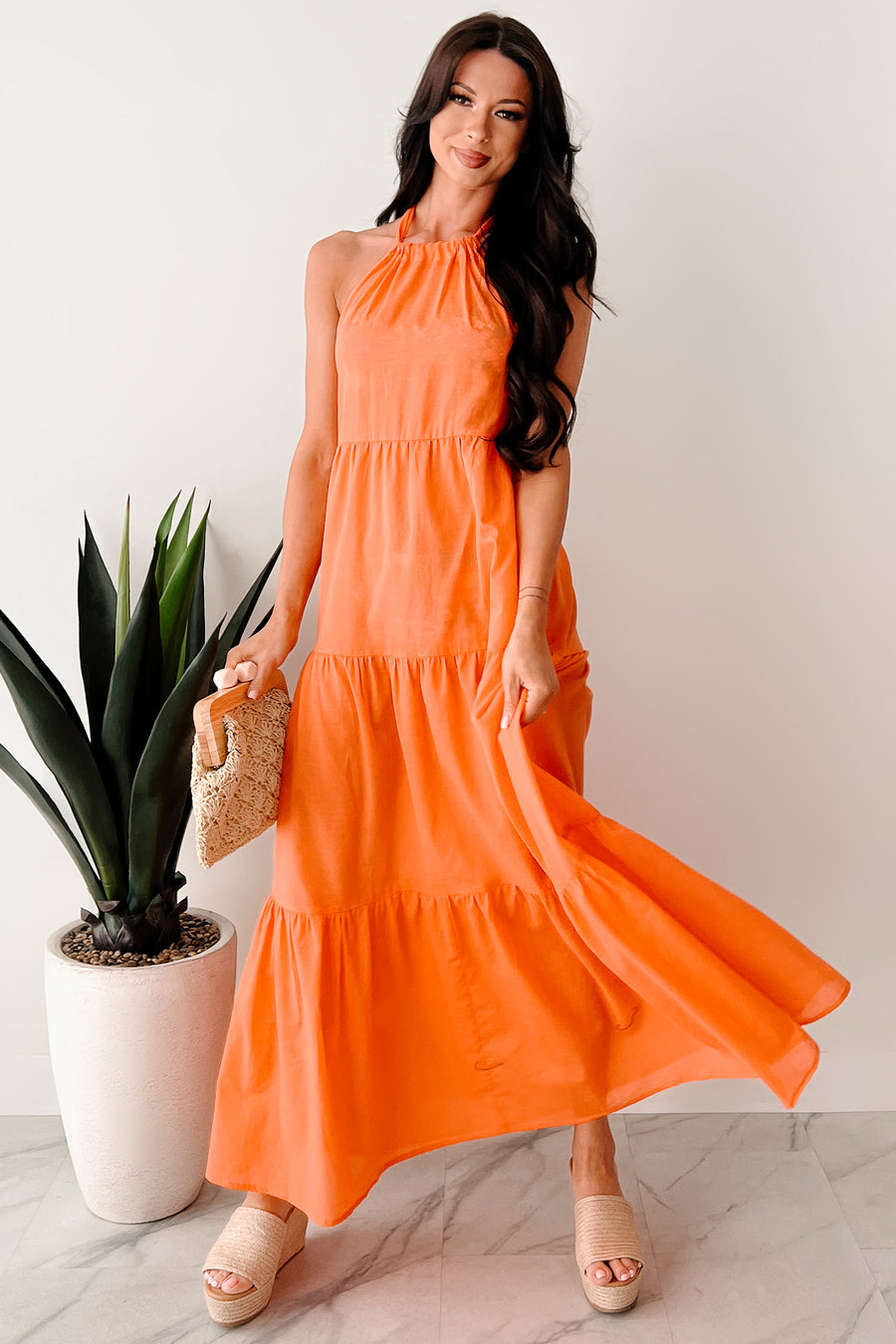 Reach To The Skies Halter Maxi Coverup Dress (Orange) - NanaMacs