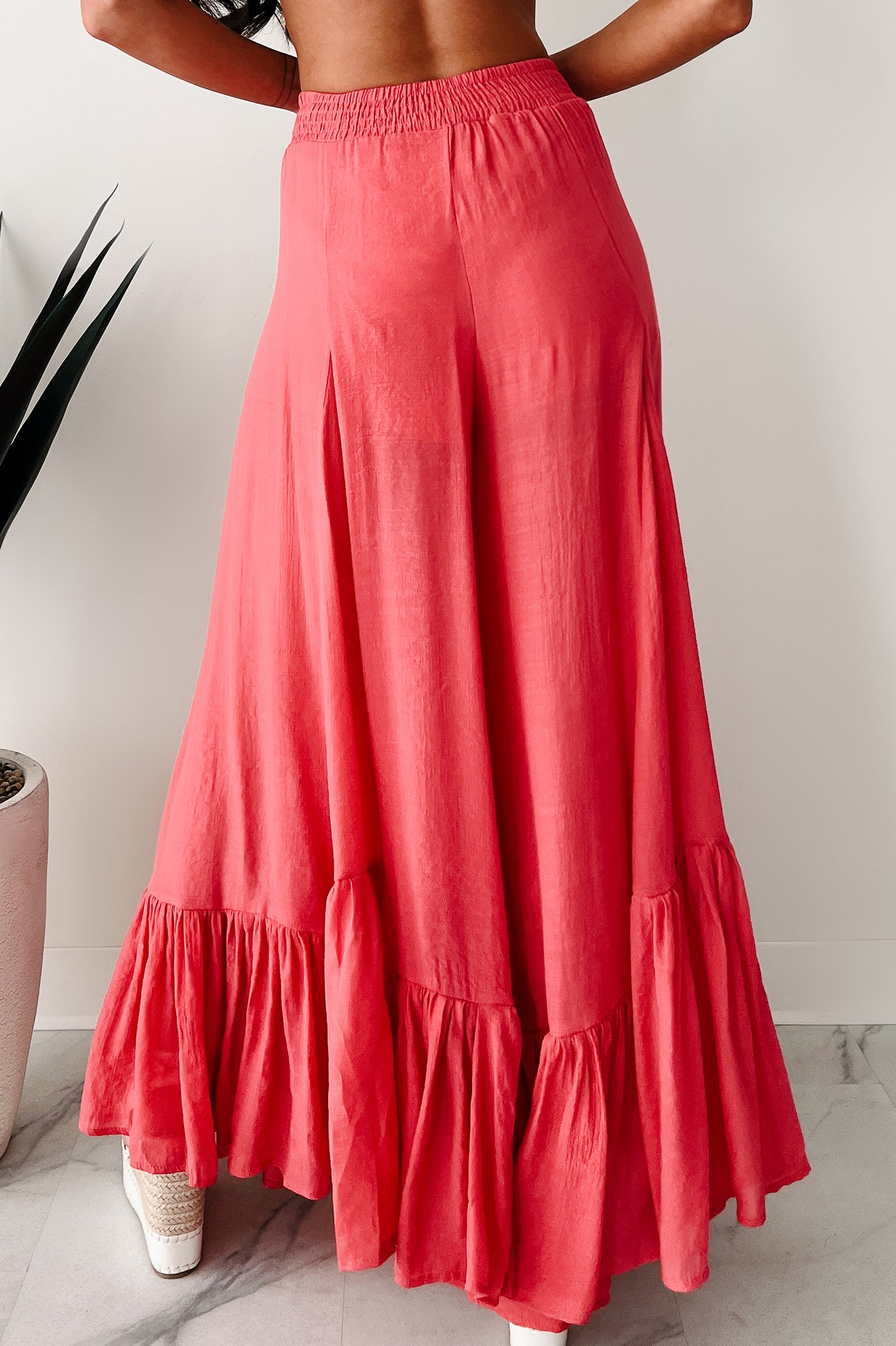 Flower Crown Vibes Sheer Ruffle Wide Leg Pants (Coral Red) - NanaMacs