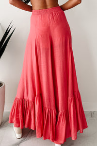 Flower Crown Vibes Sheer Ruffle Wide Leg Pants (Coral Red) - NanaMacs