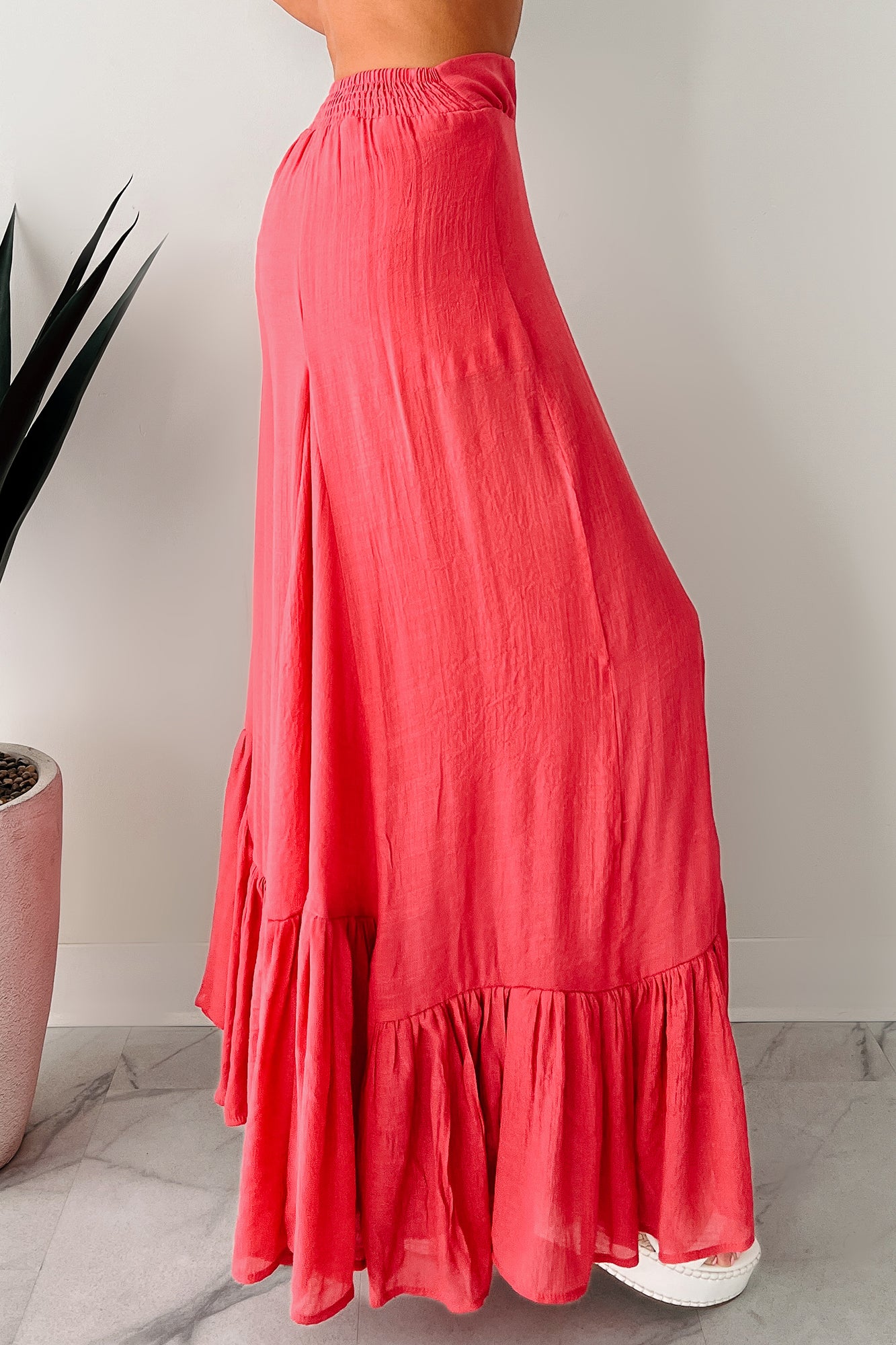 Flower Crown Vibes Sheer Ruffle Wide Leg Pants (Coral Red) - NanaMacs