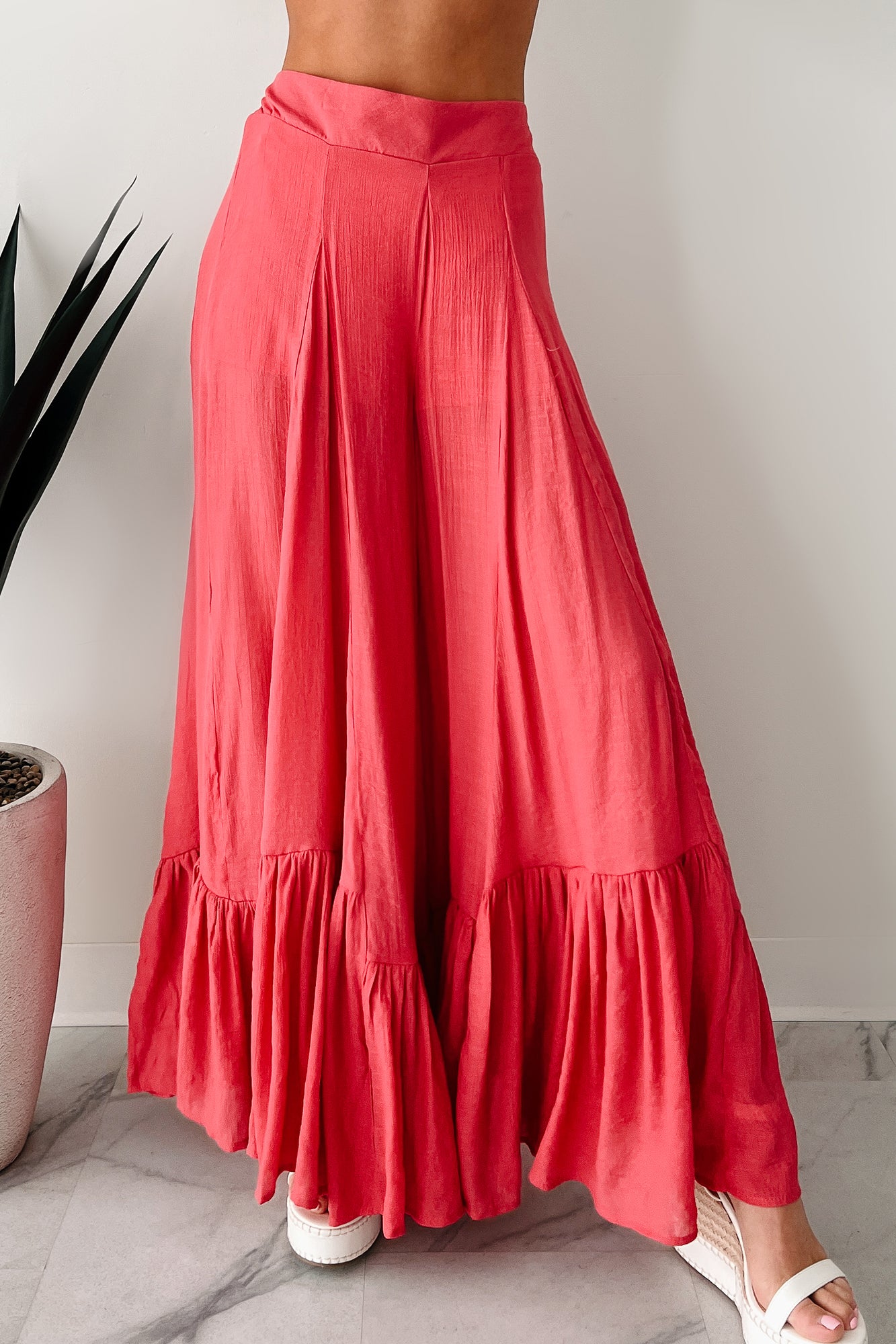 Flower Crown Vibes Sheer Ruffle Wide Leg Pants (Coral Red) - NanaMacs