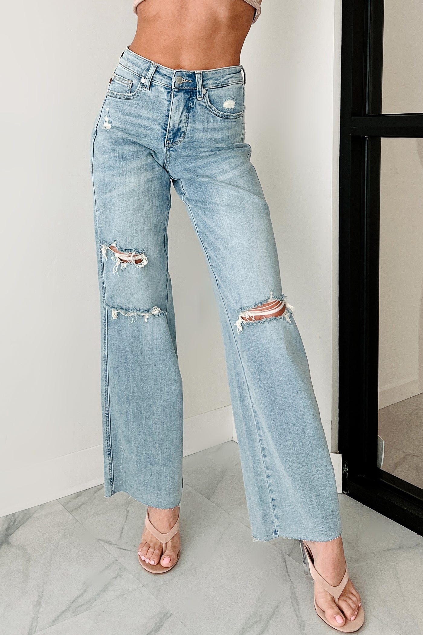 Romero Mid Rise Ripped Judy Blue Wide Leg Jeans (Light) - NanaMacs