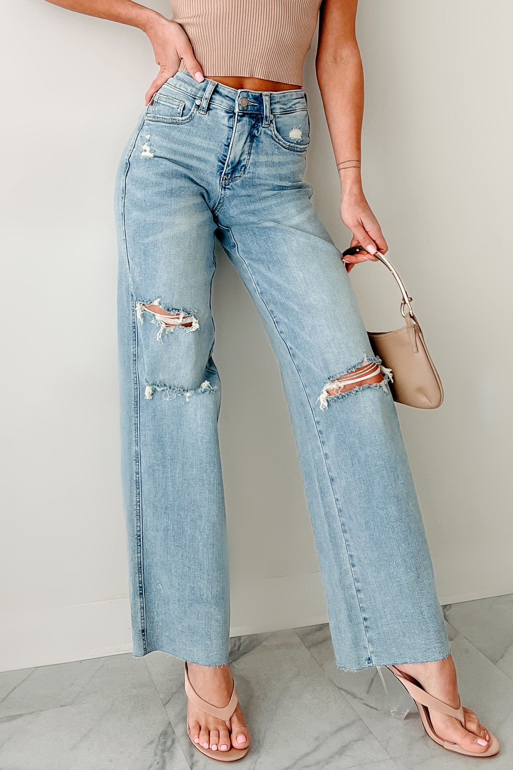 Romero Mid Rise Ripped Judy Blue Wide Leg Jeans (Light) - NanaMacs