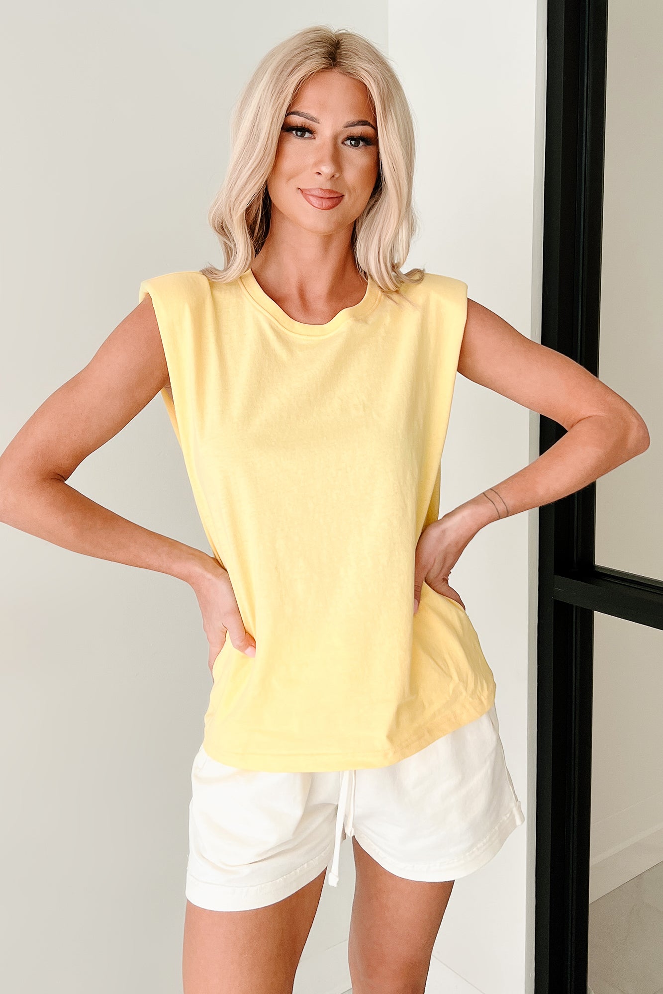 Leading The Way Shoulder Pad Sleeveless Top (Yellow)