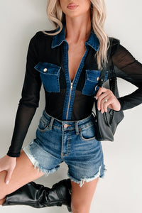 Full Of Fire Denim Mesh Zip-Up Bodysuit (Denim/Black) - NanaMacs