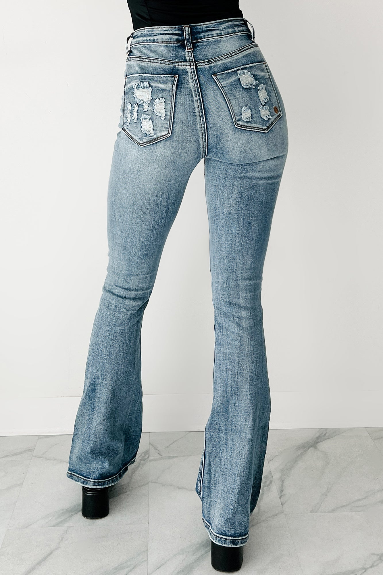 Aysha High Rise Distressed Indigo Reign Flare Jeans (Medium) - NanaMacs