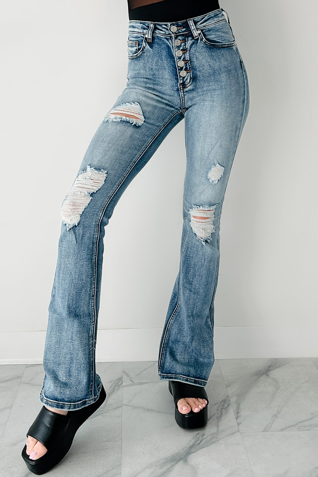 Aysha High Rise Distressed Indigo Reign Flare Jeans (Medium) - NanaMacs