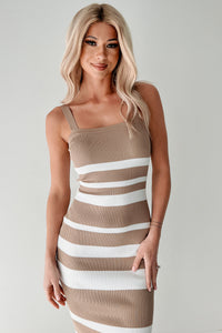 Feeling Deeply Striped Bodycon Midi Dress (Taupe) - NanaMacs