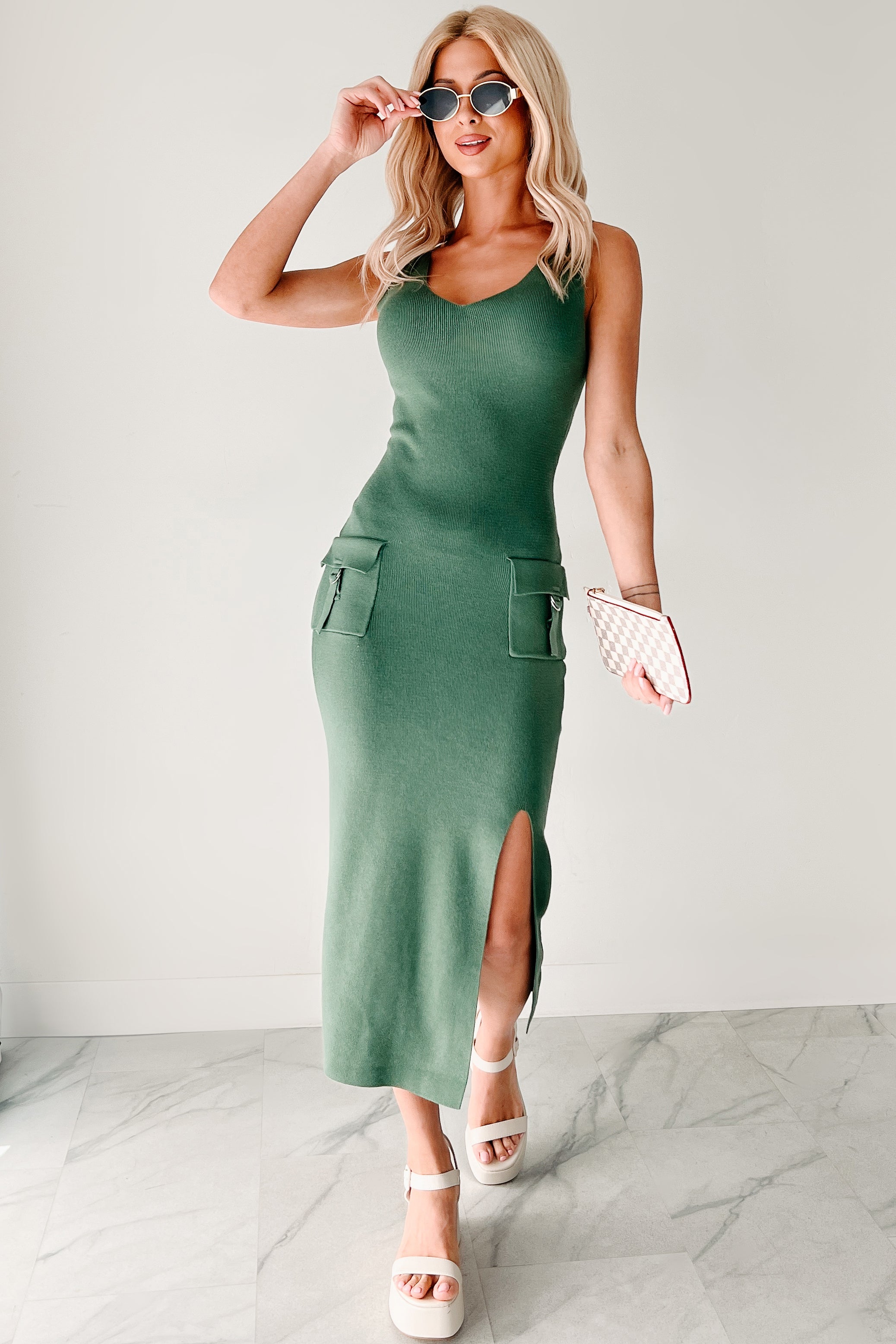 Effortlessly Cool Sleeveless Cargo Pocket Midi Dress (Green) - NanaMacs