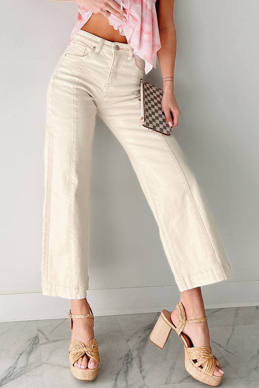 Maizie Tummy Control Wide Leg Cropped Risen Jeans (Ivory) - NanaMacs