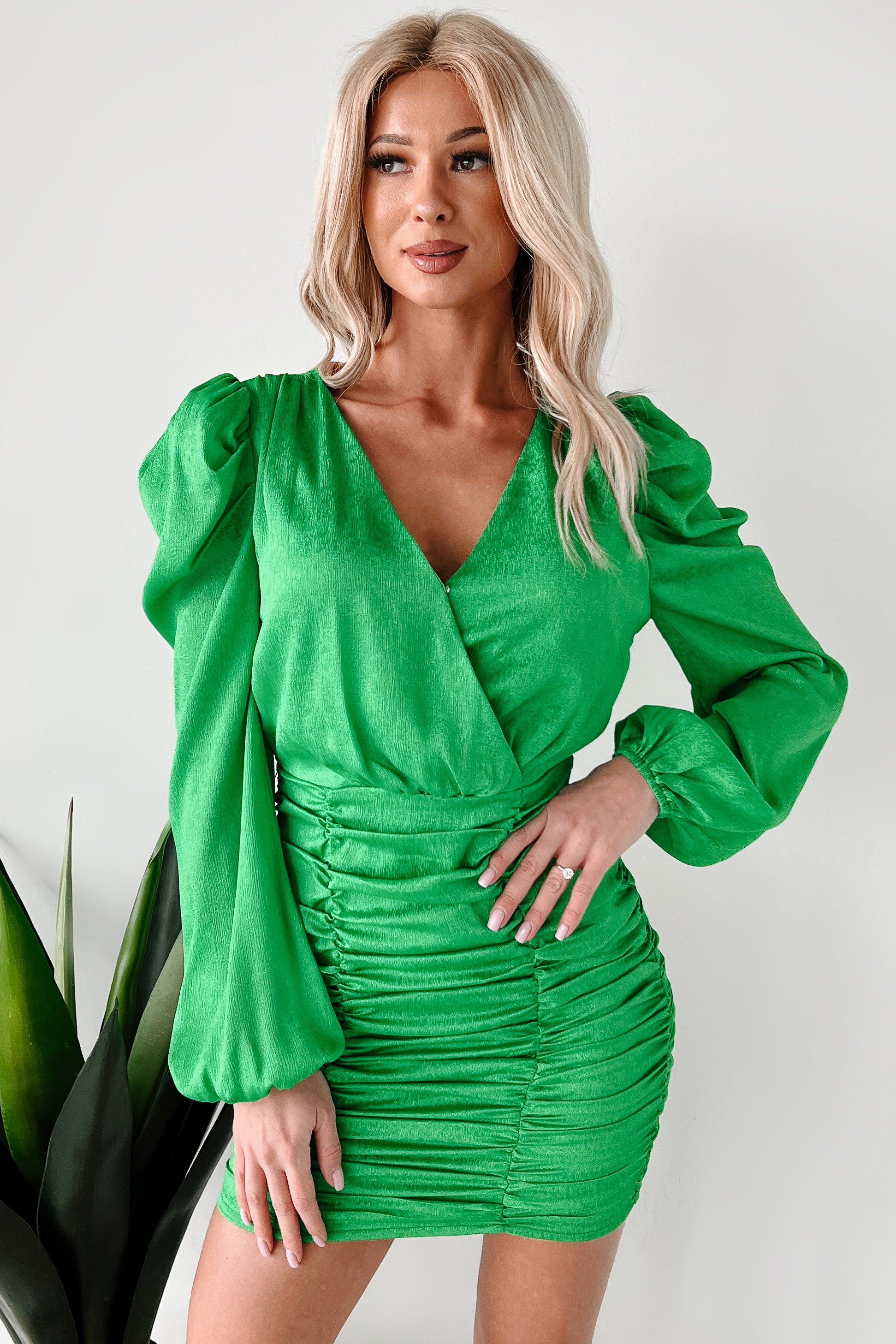 Charming Garden Party Puff Sleeve Ruched Mini Dress (Green) - NanaMacs