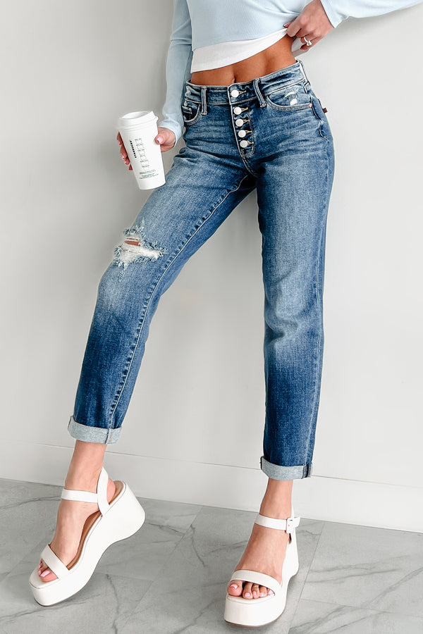 Justin Mid Rise Button Fly Judy Blue Boyfriend Jeans (Medium)