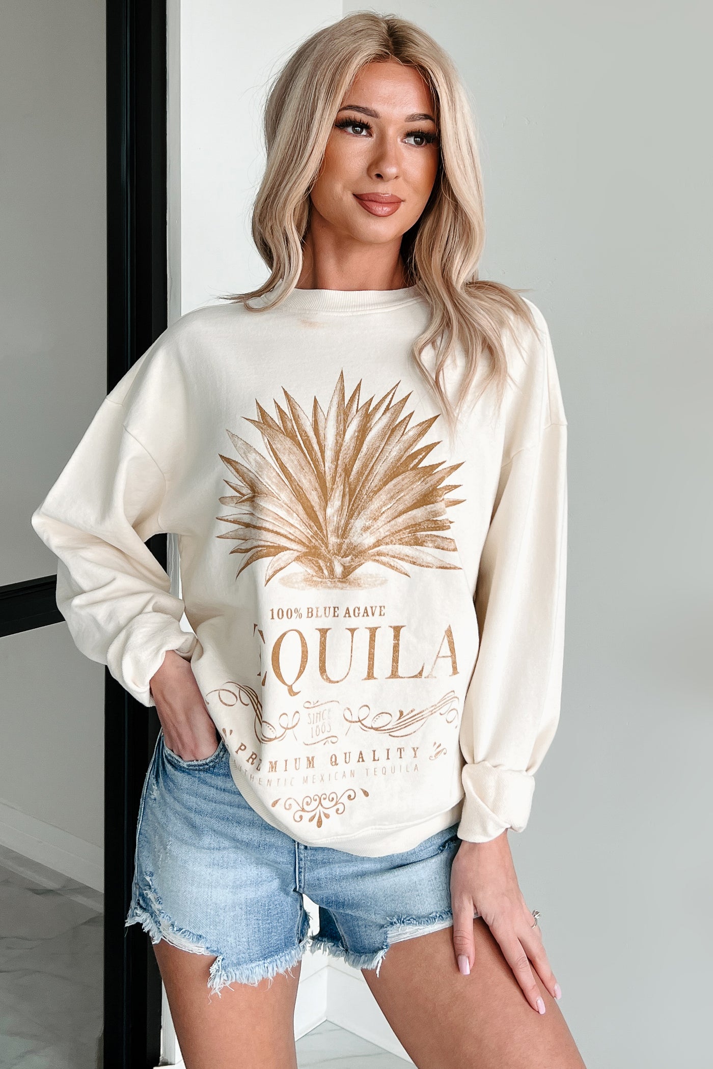 "Tequila" Graphic Print Sweatshirt (Cream) - NanaMacs