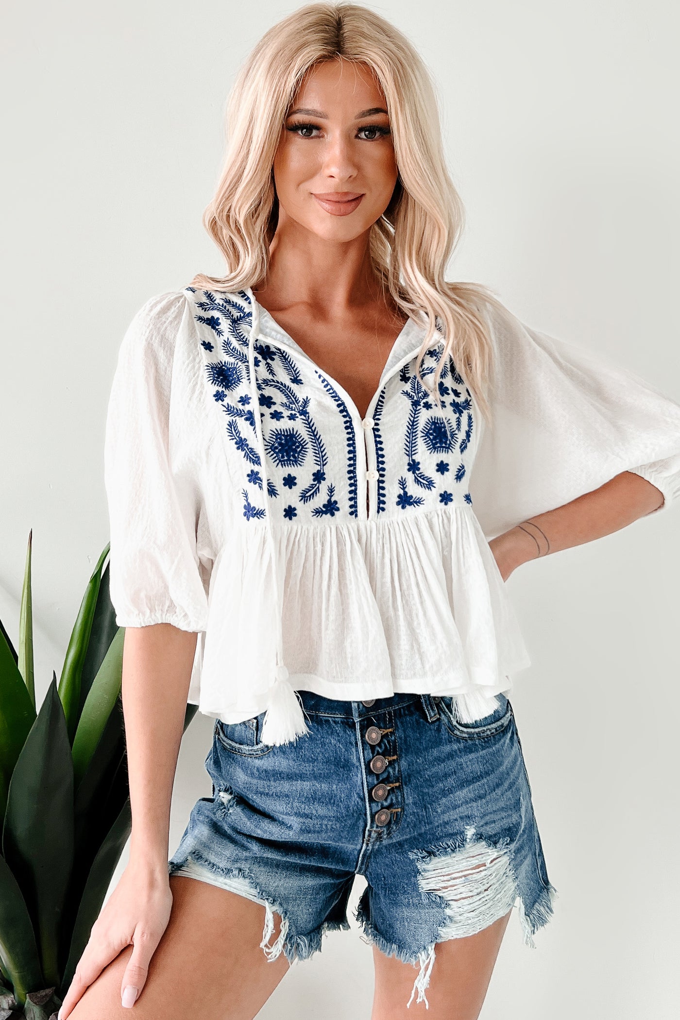 Woven In Whimsy Embroidered Peplum Top (White/Blue) - NanaMacs