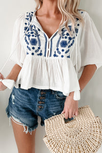 Woven In Whimsy Embroidered Peplum Top (White/Blue) - NanaMacs