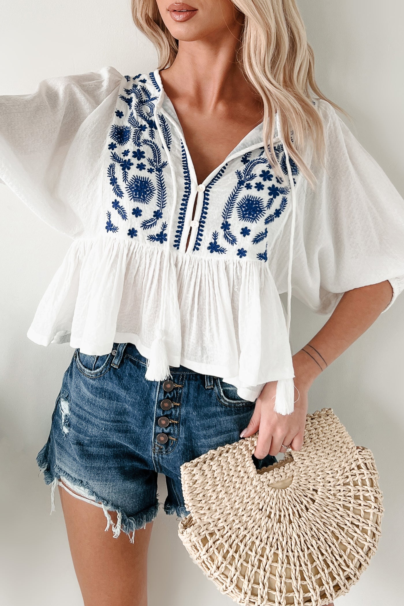 Woven In Whimsy Embroidered Peplum Top (White/Blue) - NanaMacs