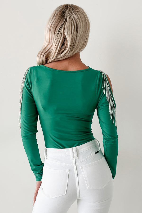 Speak & Sparkle Cold Shoulder Rhinestone Fringe Bodysuit (Kelly Green) - NanaMacs