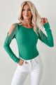 Speak & Sparkle Cold Shoulder Rhinestone Fringe Bodysuit (Kelly Green) - NanaMacs