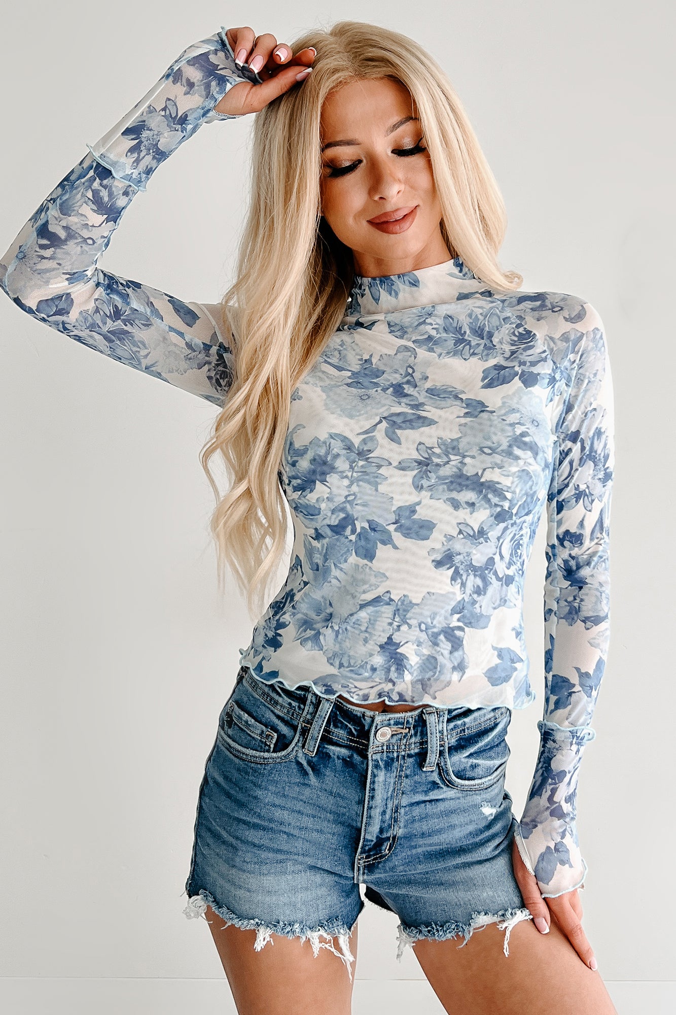 Hooked On You Floral Mesh Long Sleeve Top (White/Blue)