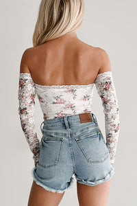 Radiating Grace Off Shoulder Floral Lace Bodysuit (White/Pink)