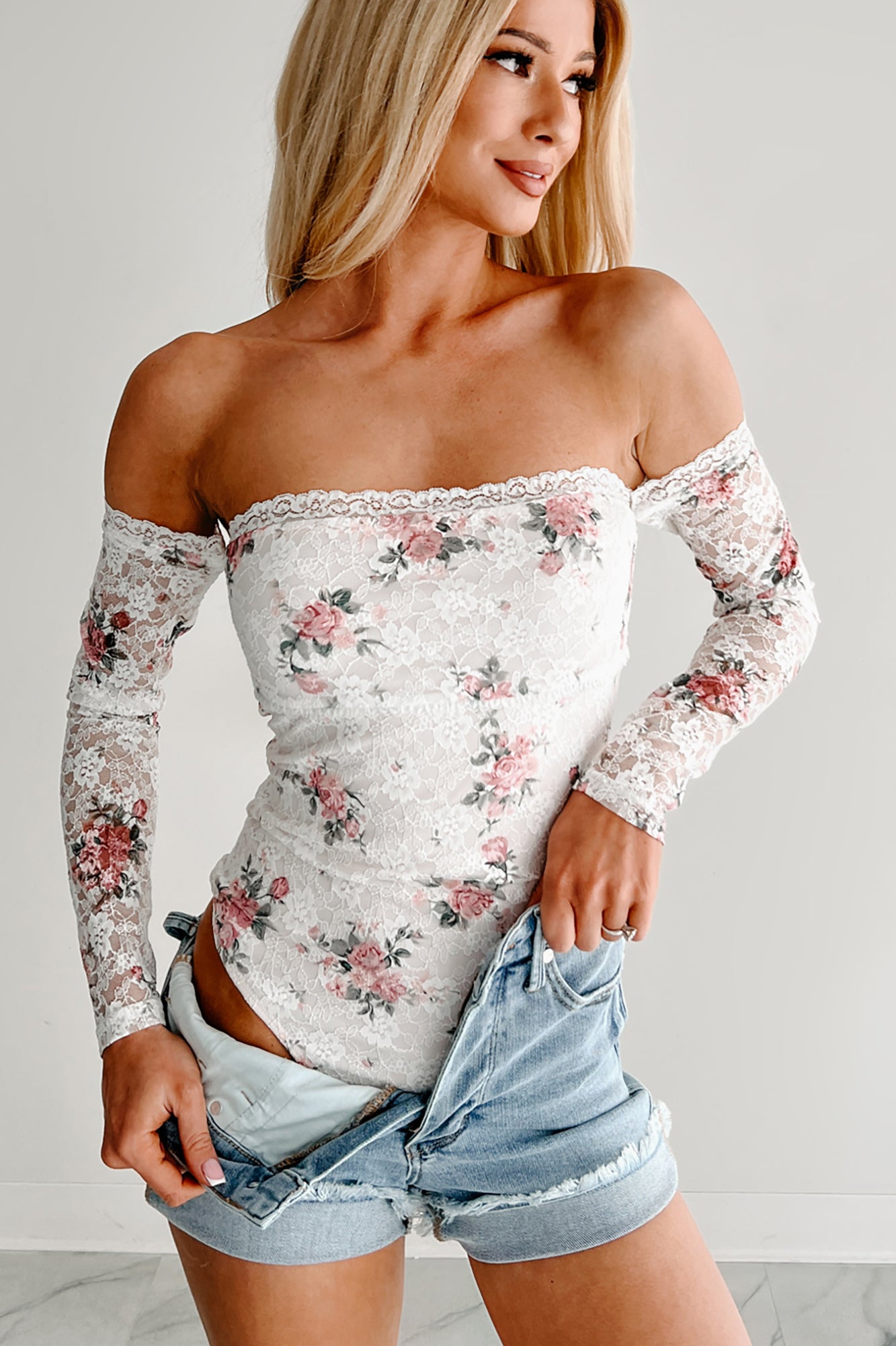 Radiating Grace Off Shoulder Floral Lace Bodysuit (White/Pink)