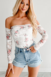 Radiating Grace Off Shoulder Floral Lace Bodysuit (White/Pink)