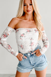 Radiating Grace Off Shoulder Floral Lace Bodysuit (White/Pink)