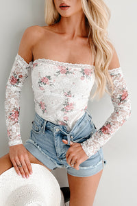 Radiating Grace Off Shoulder Floral Lace Bodysuit (White/Pink)