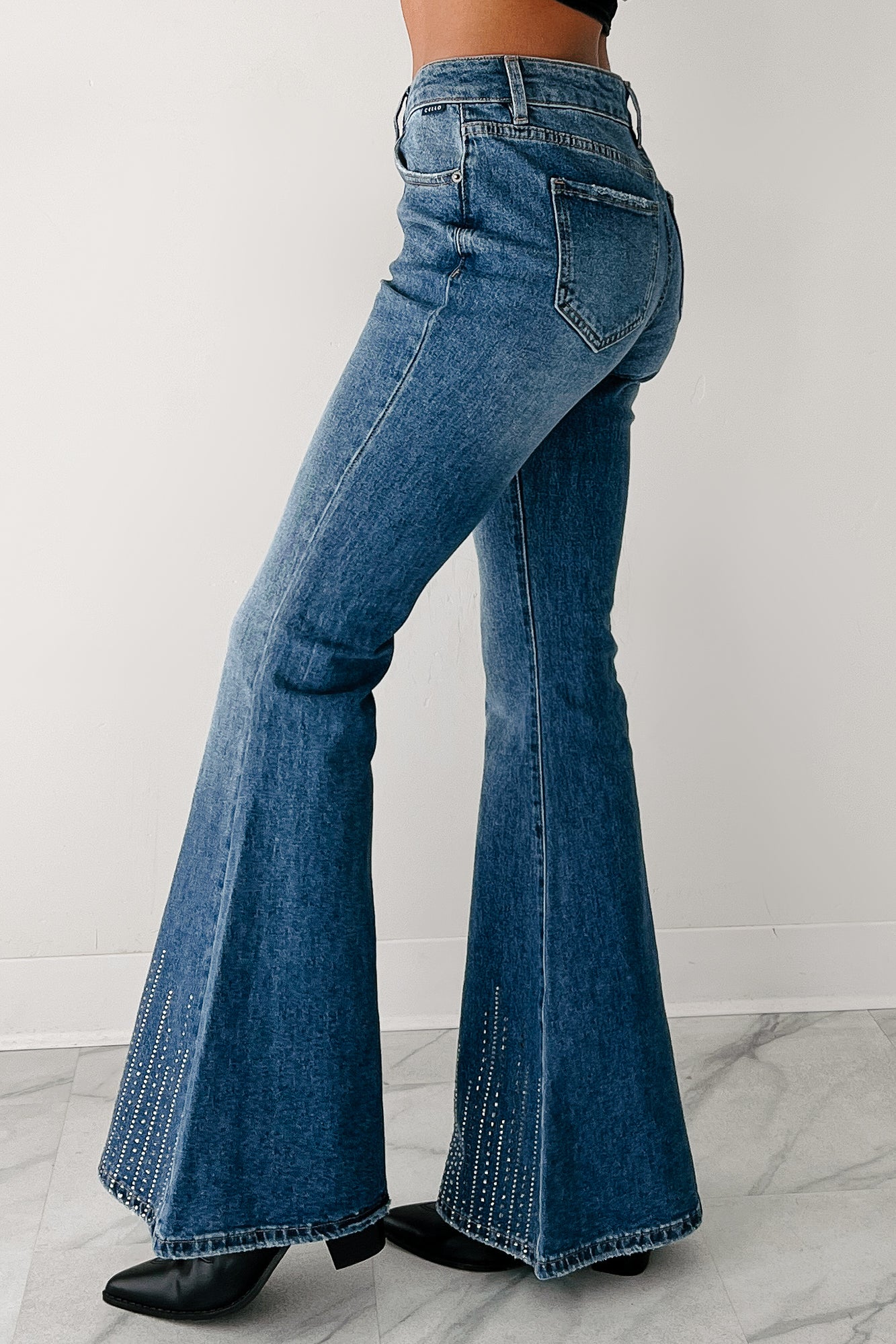 Carole Mid Rise Rhinestone Hem Cello Flare Jeans (Medium) - NanaMacs