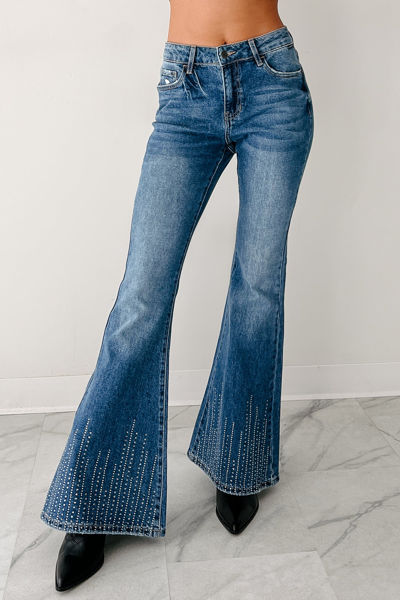 Carole Mid Rise Rhinestone Hem Cello Flare Jeans (Medium) - NanaMacs