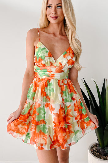 Travel & Explore Floral Ruffle Mini Dress (Orange) - NanaMacs