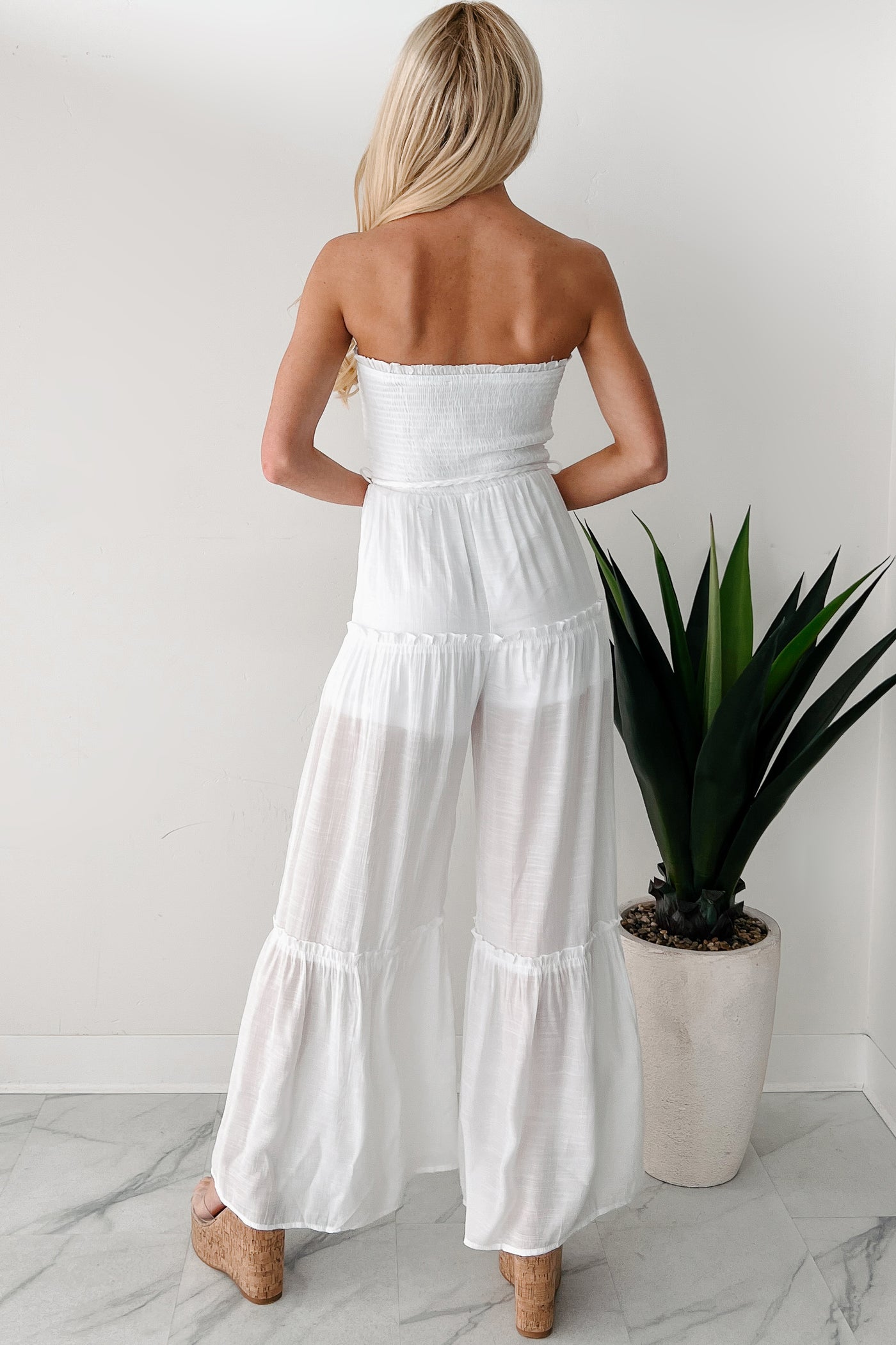 Glam Goddess Strapless Smocked Jumpsuit (White) - NanaMacs