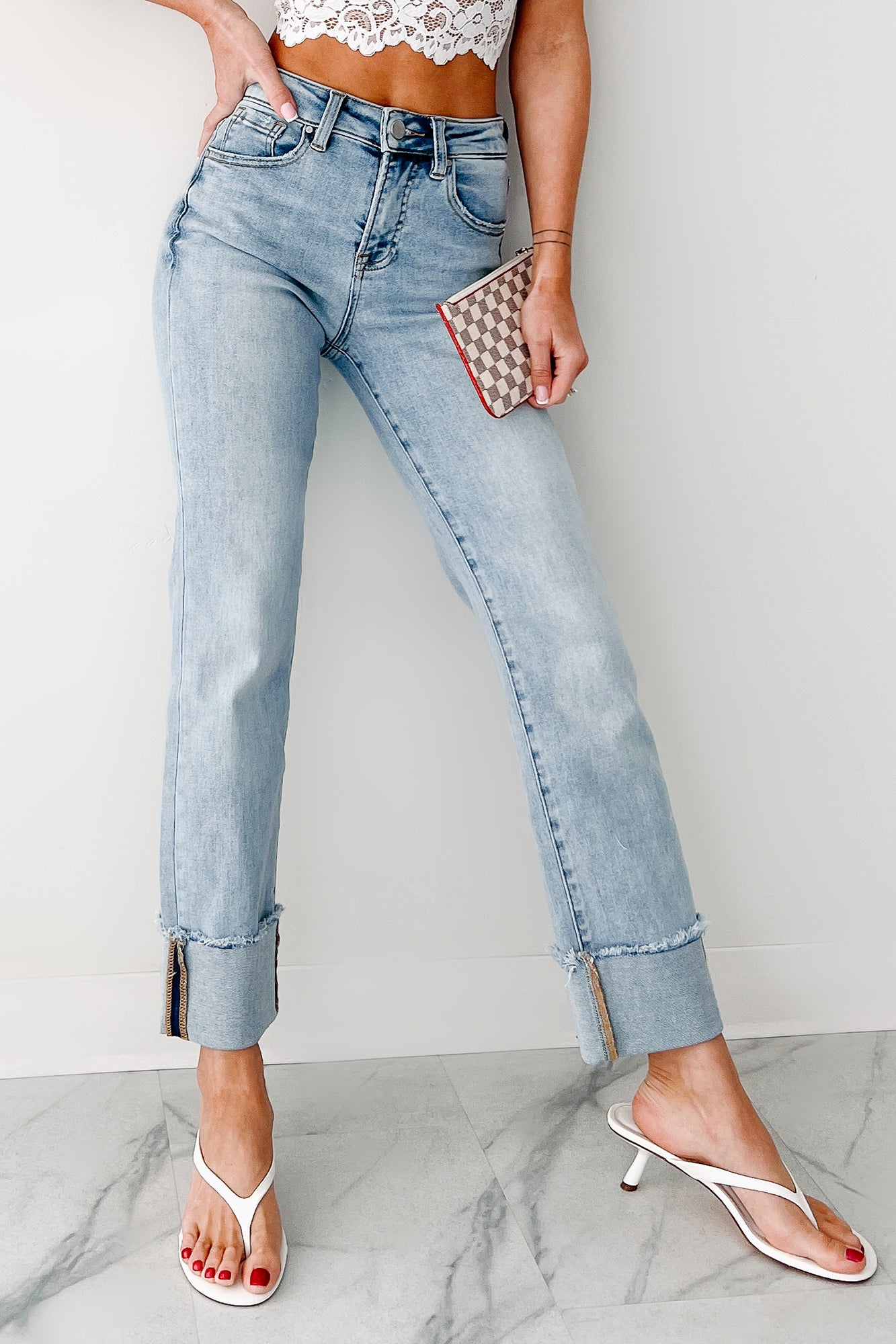 Aurora High Rise Straight Leg Cuffed Risen Jeans (Light) · NanaMacs