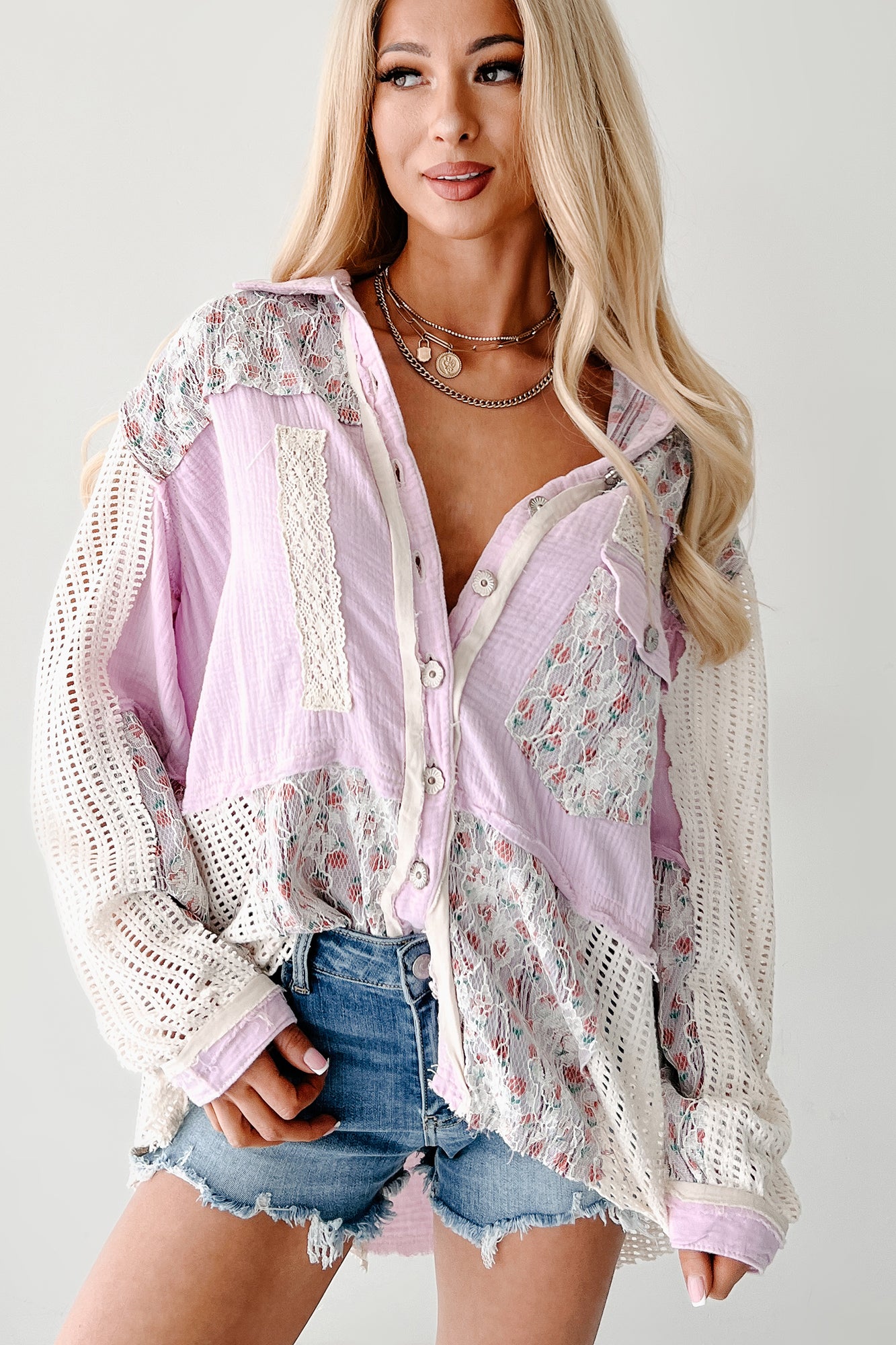 Scent Of Spring POL Crochet Lace Patchwork Shacket (Lavender) - NanaMacs