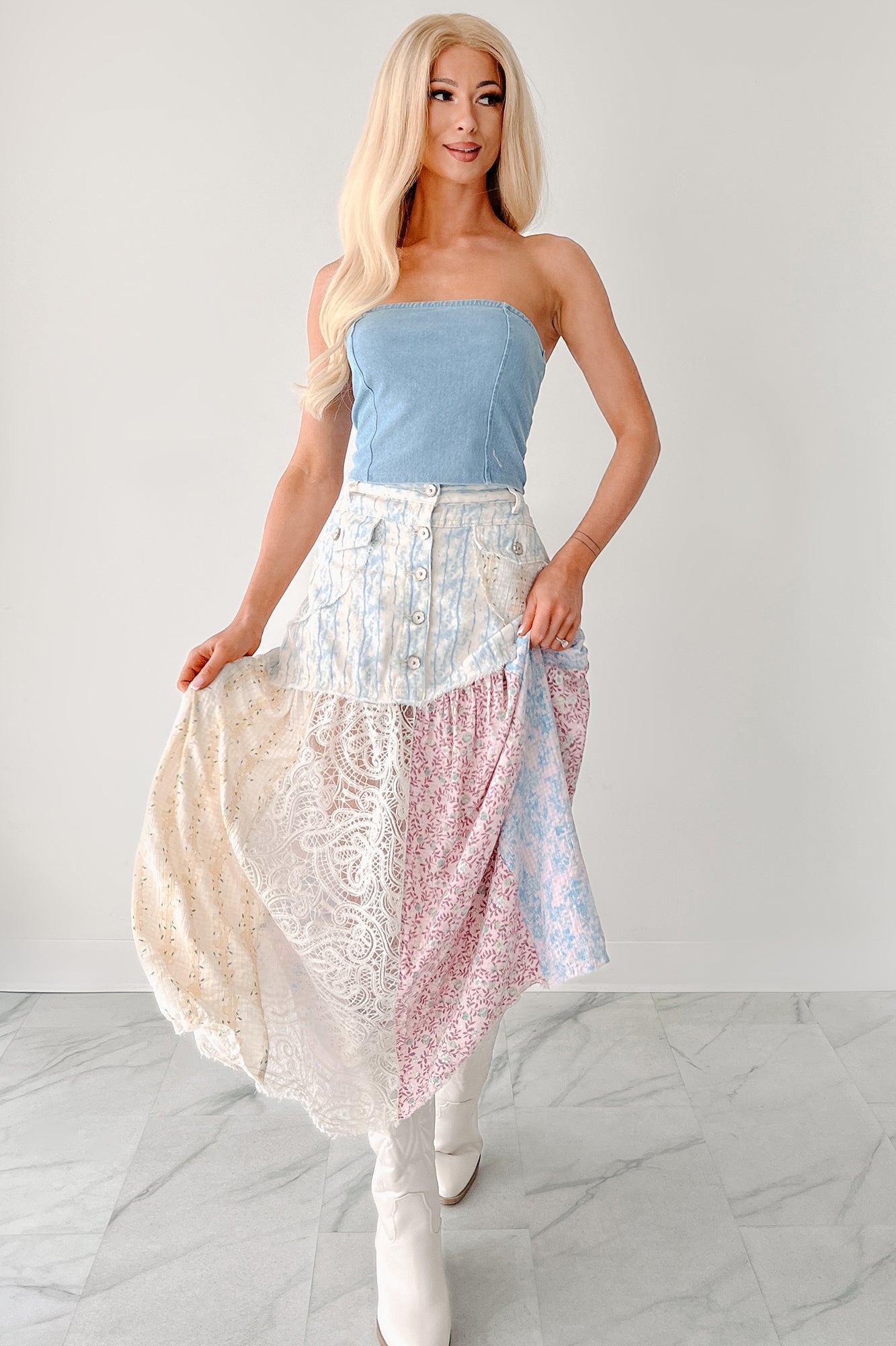 Moonlit Path Patchwork Maxi POL Skirt (Blue/Multi) - NanaMacs