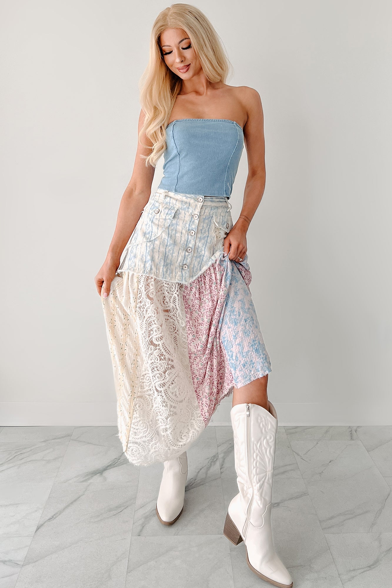 Moonlit Path Patchwork Maxi POL Skirt (Blue/Multi) - NanaMacs