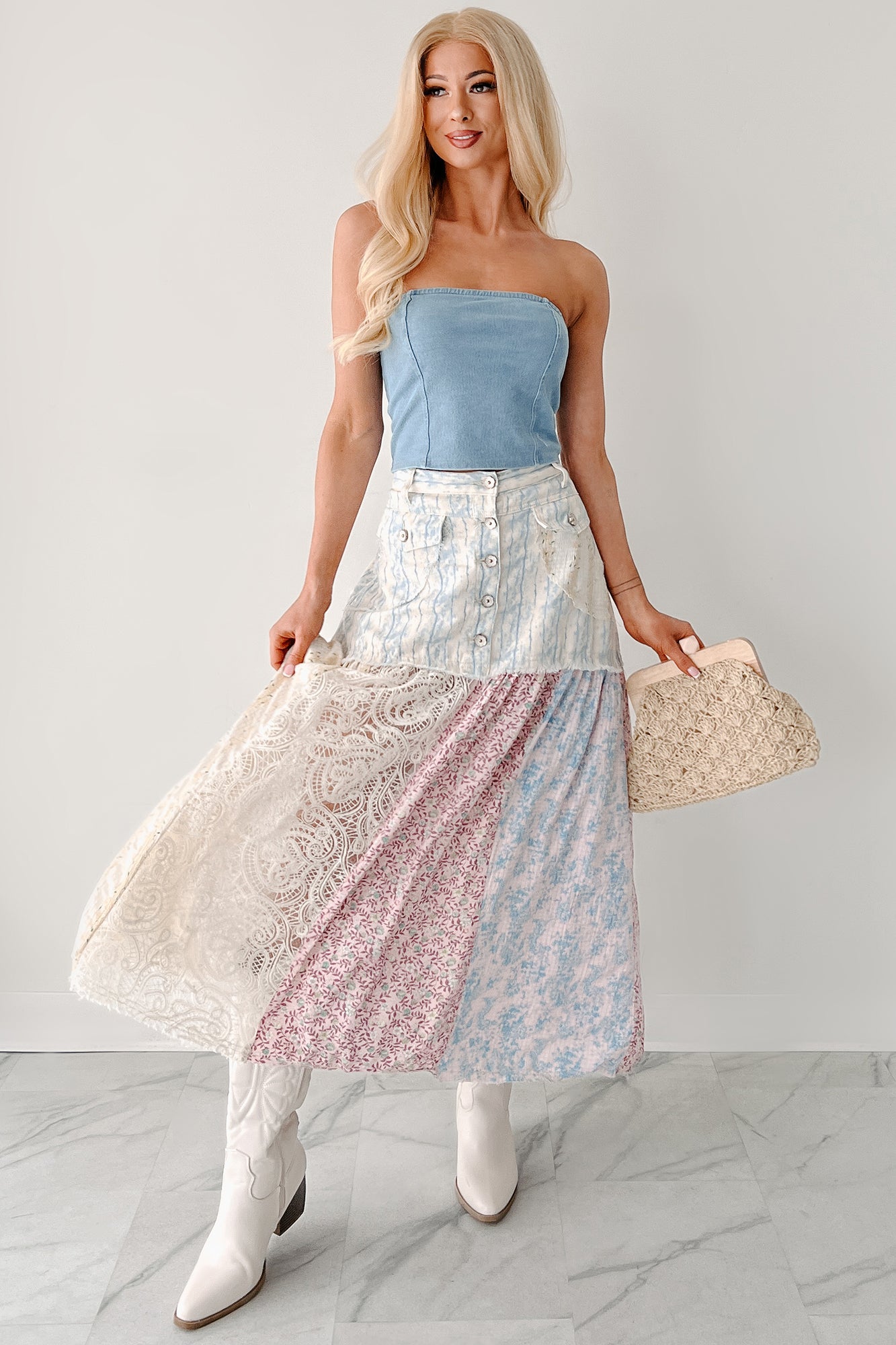 Moonlit Path Patchwork Maxi POL Skirt (Blue/Multi) - NanaMacs