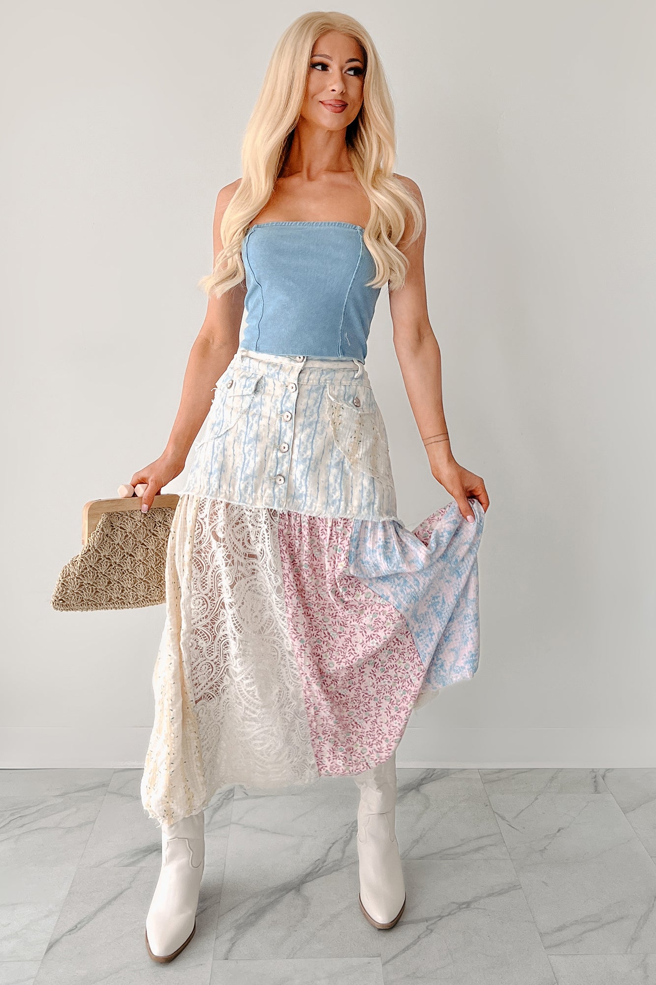 Moonlit Path Patchwork Maxi POL Skirt (Blue/Multi) - NanaMacs