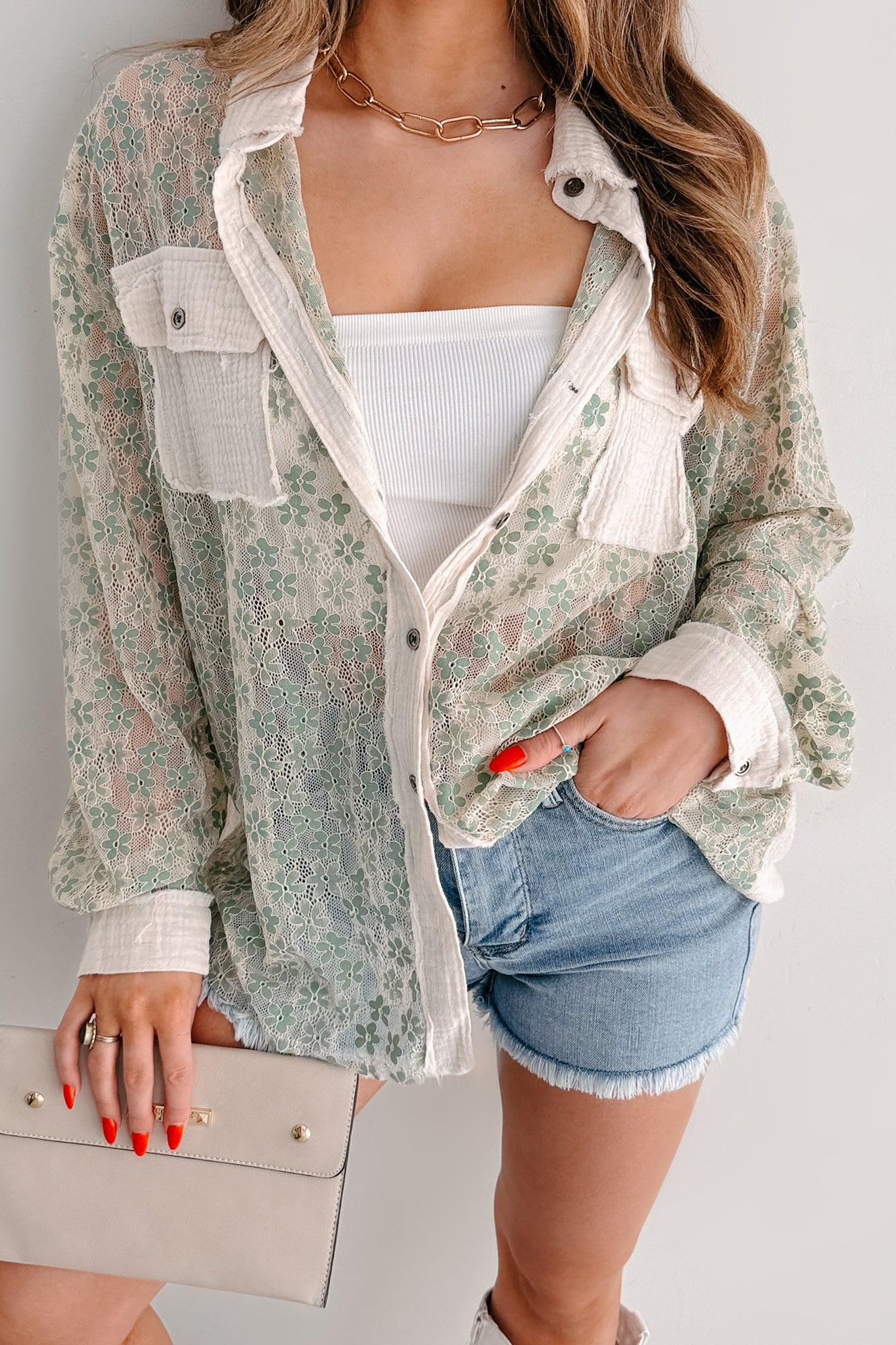 Flirtatious Fling POL Floral Lace Button Down Shirt (Sage) - NanaMacs