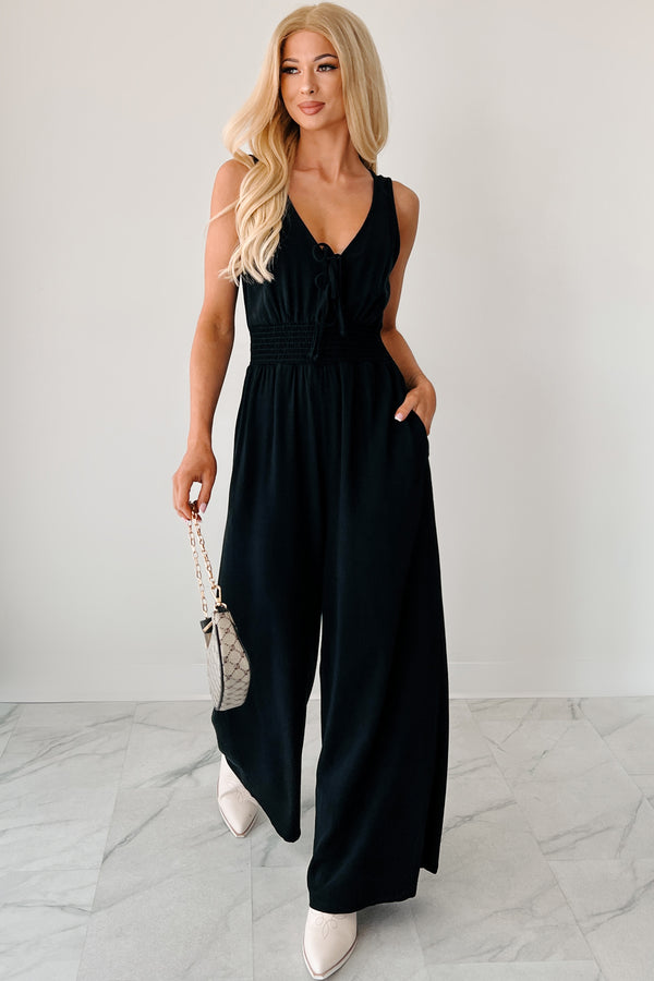 Nature's Glow Linen Smocked Waist Jumpsuit (Black) - NanaMacs