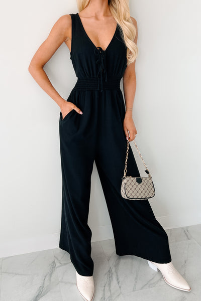 Nature's Glow Linen Smocked Waist Jumpsuit (Black) - NanaMacs