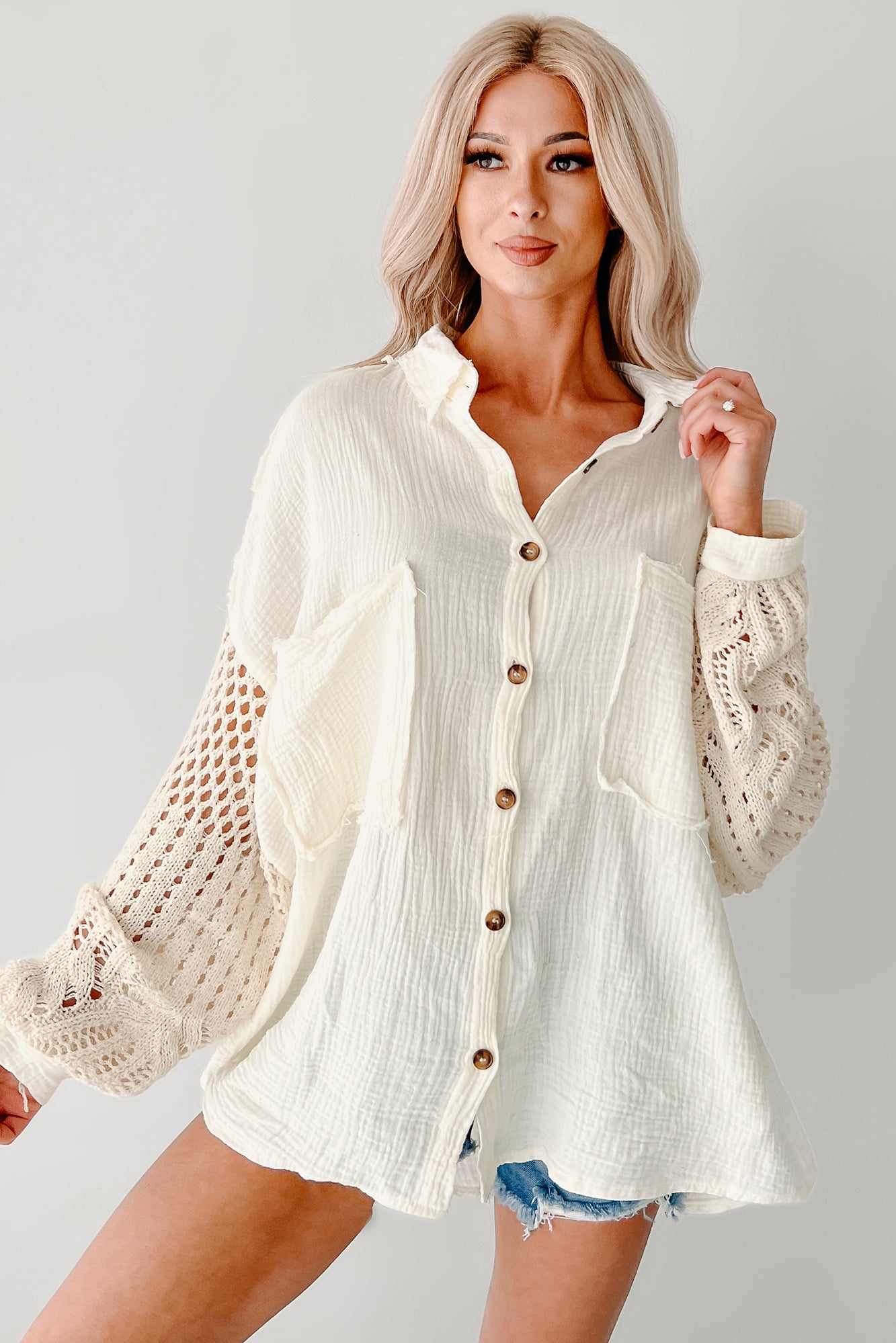 Make An Impact POL Sweater Sleeves Button Up Top (Natural)