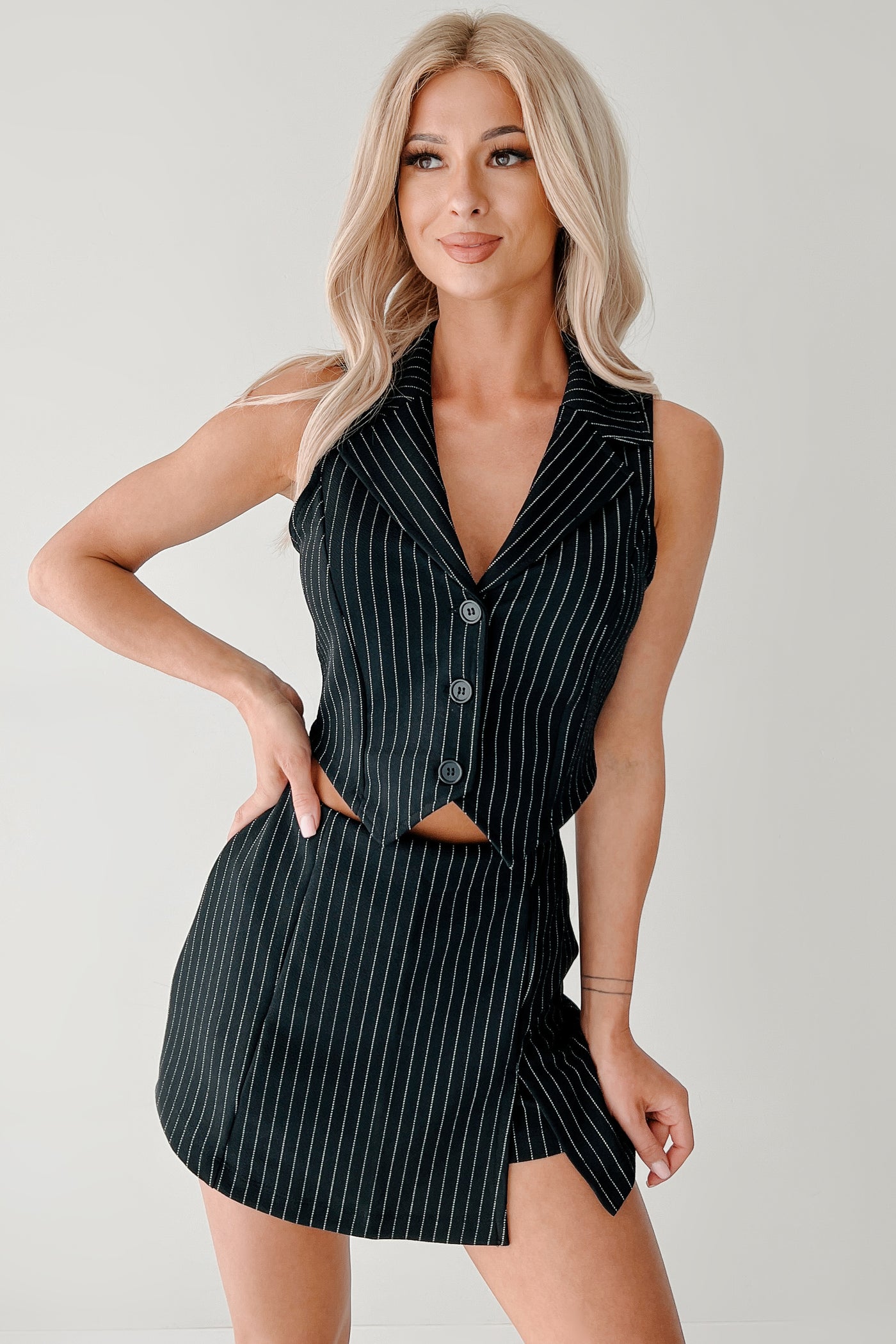 Workflow Edge Two Piece Pinstripe Skort Set (Black/White) - NanaMacs