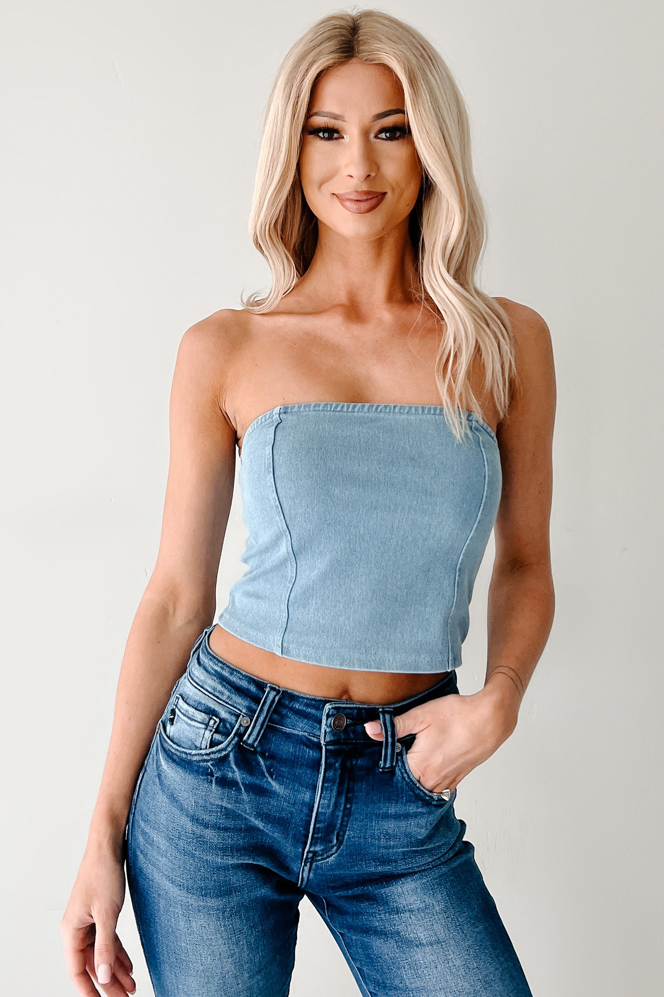 Obsessed With You Strapless Denim Crop Top (Light) - NanaMacs