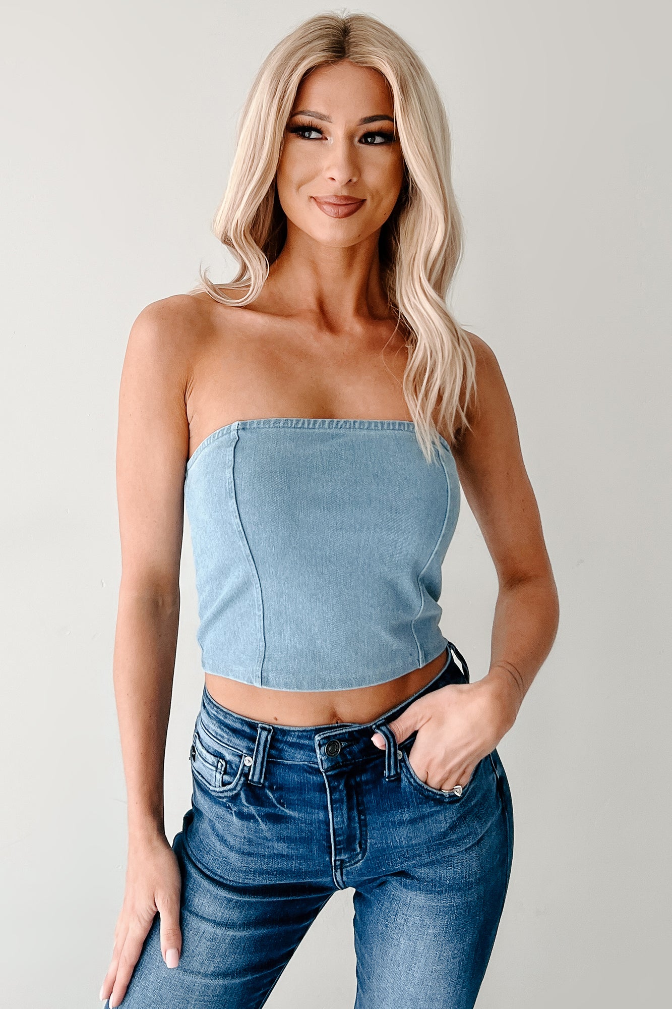 Obsessed With You Strapless Denim Crop Top (Light) - NanaMacs