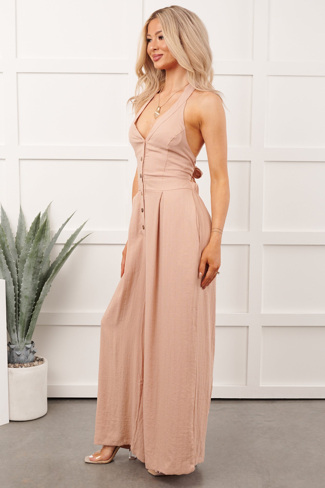Sweet Like Spring Halter Neck Jumpsuit (Peach Blush) - NanaMacs
